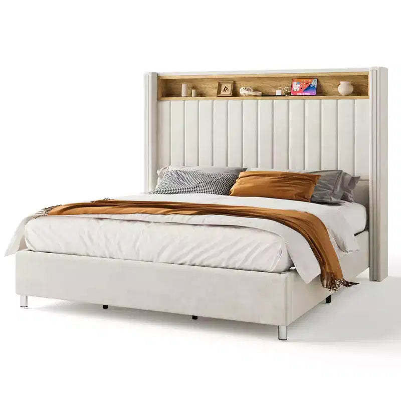 Bed Frame with LED Lights and Charging Station, 53 Tall Storage Headboard