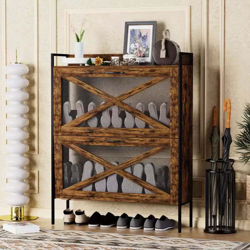 Chic Crate-2-Drawer Flip-Top Shoe Cabinet  Narrow | Entryway | Metal Legs | Rustic Brown | 31.5inx8.5inx39.5in