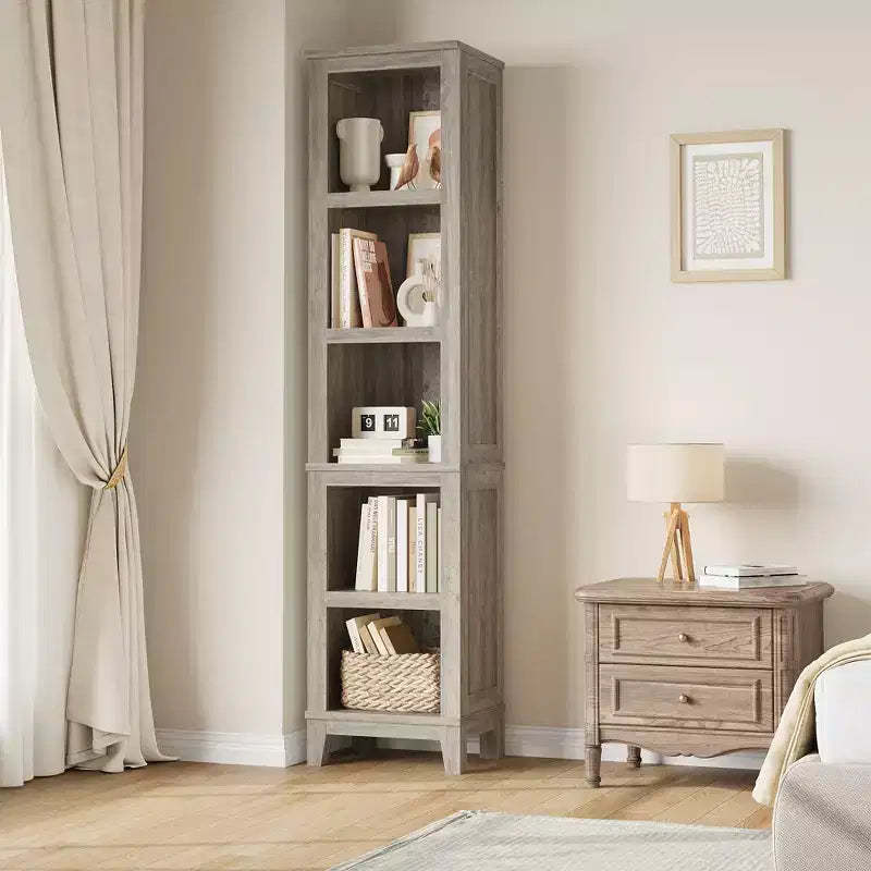 5 Tier Bookcase with Adjustable Shelves, 71 Tall Bookshelf w/ Wooden Legs, Farmhouse Bookcase for Living Room Office