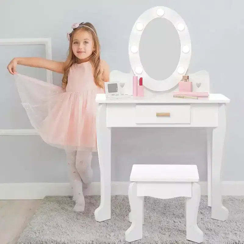 Kids' Vanity Set with Mirror and Light, Makeup Mirror with Light, Vanity Chair, Makeup Table and Stool, Wood Makeup Playset for Girls Ages 4-9