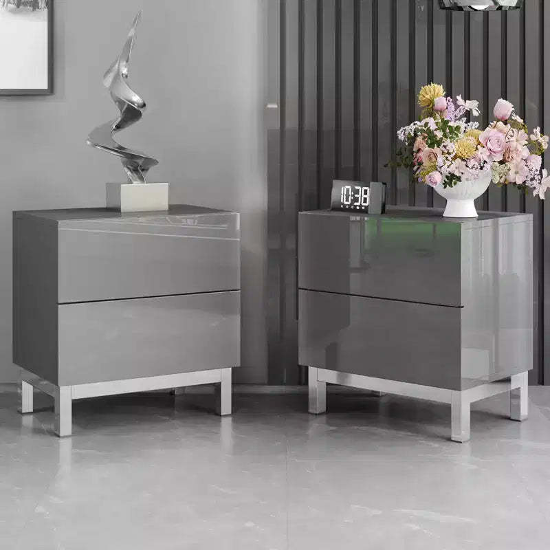 AMERLIFE 24 Modern High Gloss Electroplated Nightstand Set of 2 with Storage Drawers, Gray