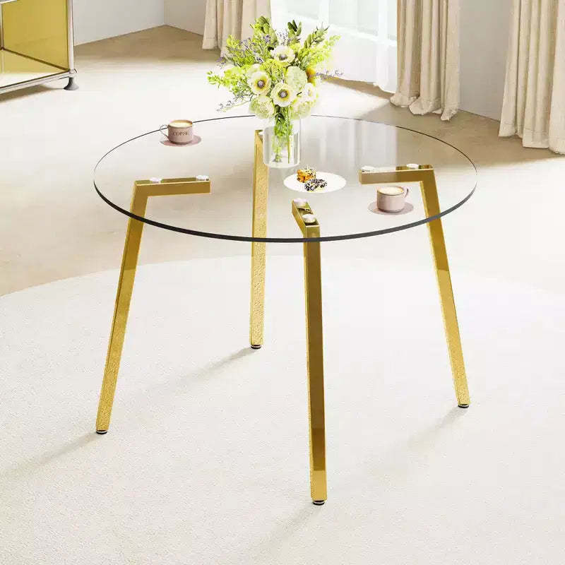 Modern minimalist style circular transparent tempered glass table, tempered glass tabletop, golden metal legs