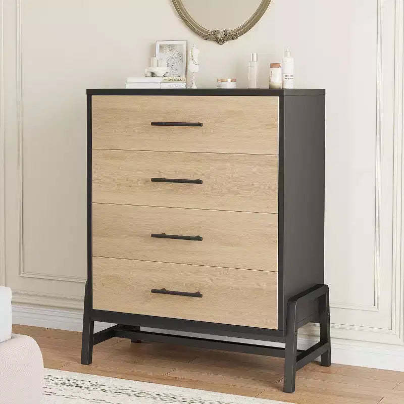 Acekool 4-Drawer Tall Dresser, 38.6 Chest with Storage, Modern Wooden Dresser for Bedroom, Living Room, Entryway, Natural Oak + Black