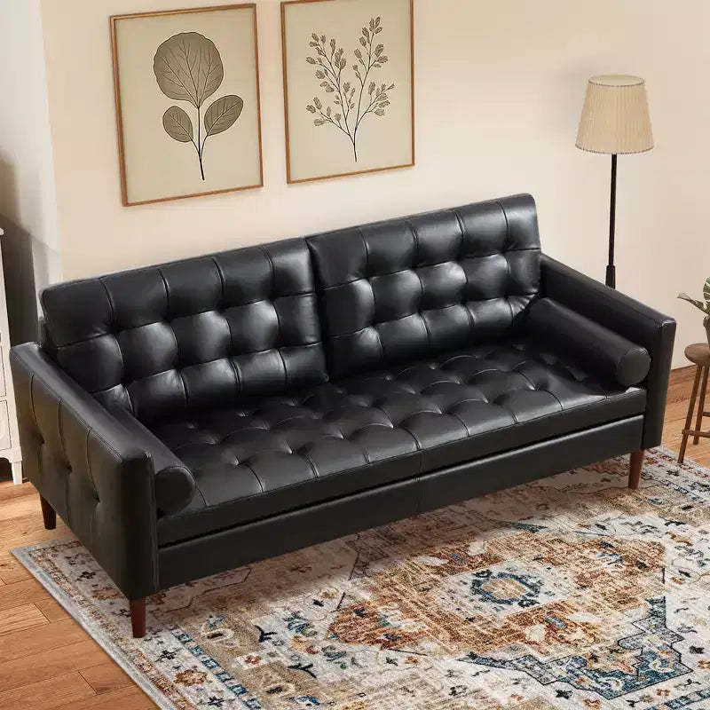 AMERLIFE Mid-Century Modern Genuine Leather Sofa, Comfy Couch for Living Room