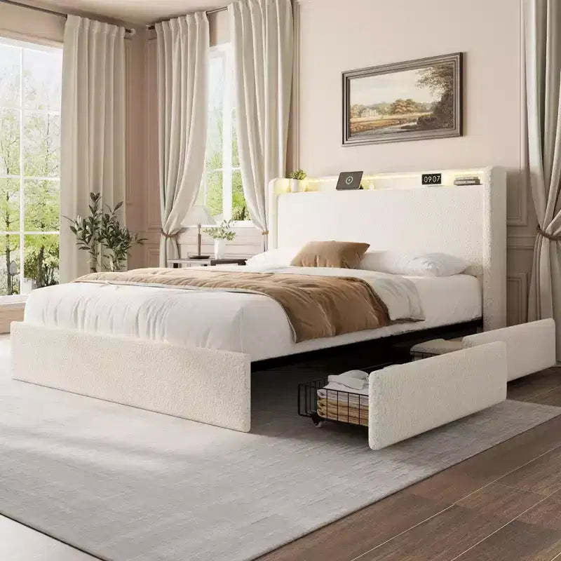 Whizmax Boucle Bed Frame - LED Headboard & Charging Station, 4 Storage Drawers, Platform with Wood Slats, No Box Spring, Cream
