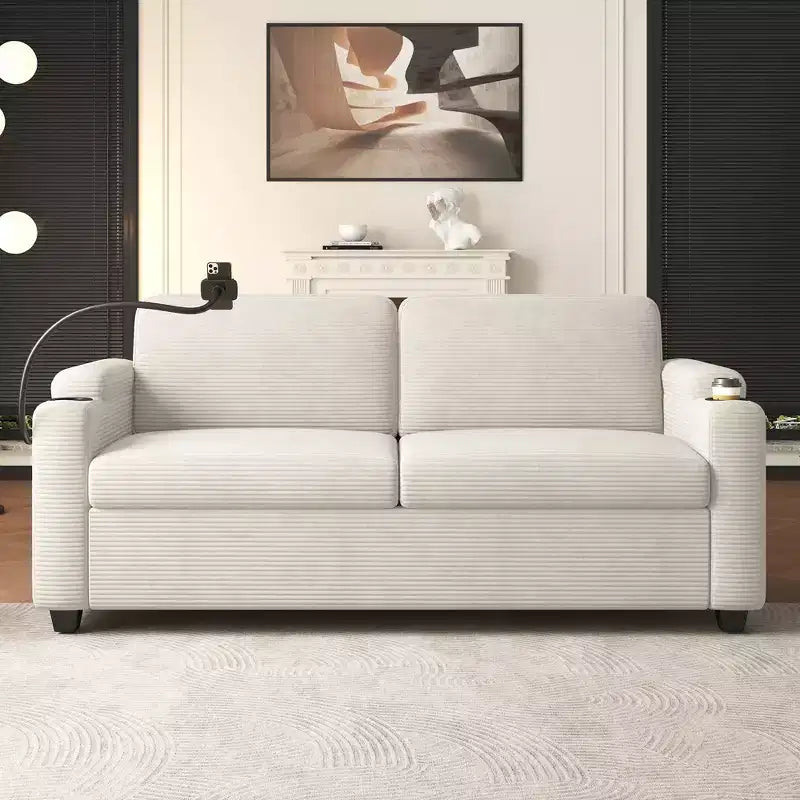 Whisen 72.8 Corduroy Sleeper Loveseat with Mattress, USB Ports & Storage