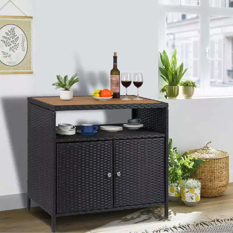 Rattan Storage Cabinet, Outdoor Cabinet for Patio Outdoor Bar Cart with 2 Doors & Adjustable Shelves