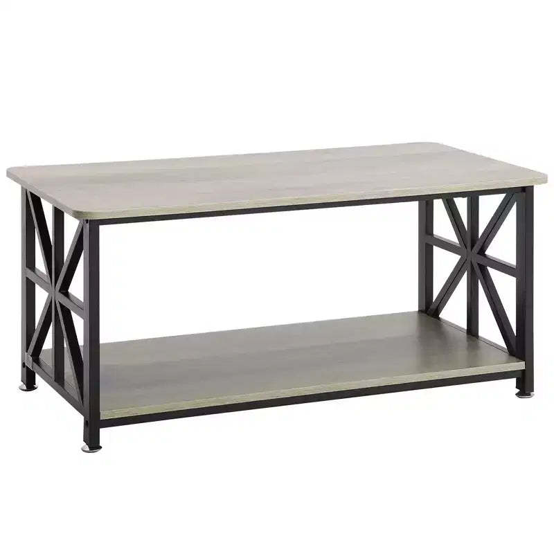 VEVOR 40 Farmhouse Coffee Table, Rectangle Coffee Table with Open Storage Compartment, Wooden Rustic Cocktail Table, Brown & Black