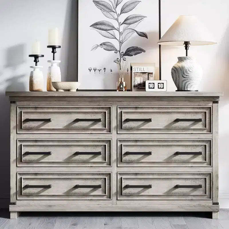 55 Farmhouse Chest of Drawers, 6 Drawer Dresser, with Natural Texture, with Metal Handle, for Living Room, Entryway