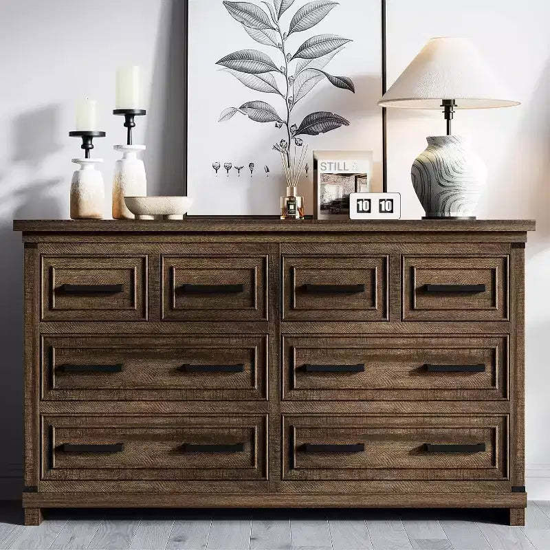 55 Farmhouse 8 Drawer for Bedroom, Retro Cabinet, Multi-Drawer Storage Furniture, Retro Style Wooden Cabinet