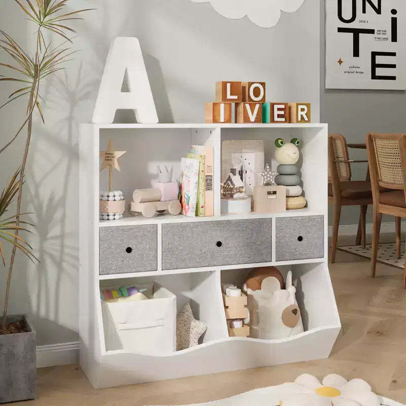 Kids Toy Storage Organizer with 3 Movable Drawers and 5-Section Bookshelf - 3-Tier Large Toy Cabinet for Playroom, Kindergarten, and School
