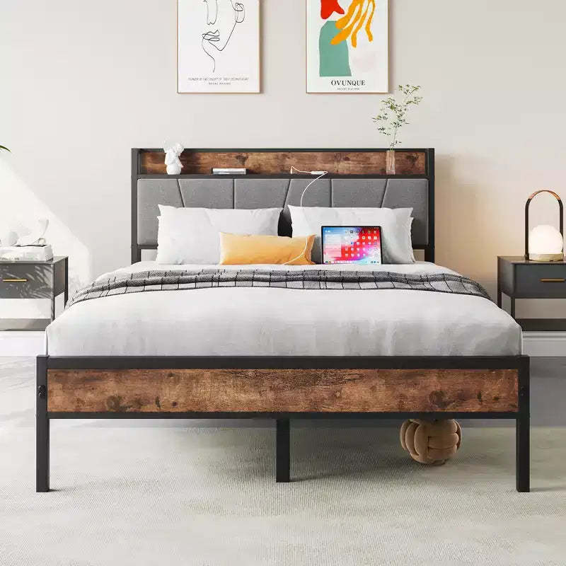 CLIHOME Heavy Duty Metal Upholstered Platform Bed Frame, Storage Headboard with Charging Station, No Box Spring Needed
