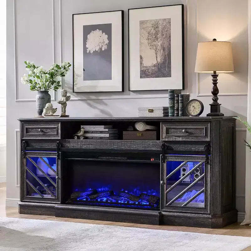 SinCiDo 75 Fireplace TV Stand, Entertainment Center w/ Fireplace, Remote Control, 7 Types of 3D Flames & Led Lights, 2 Drawers, Sliding Barn Door