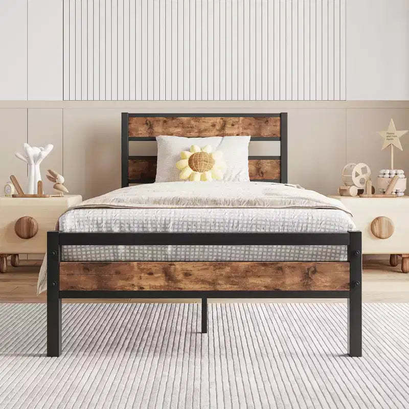 CLIHOME Platform Bed Frame with Rustic Vintage Wood Headboard, Strong Metal Slats Support, No Box Spring Needed