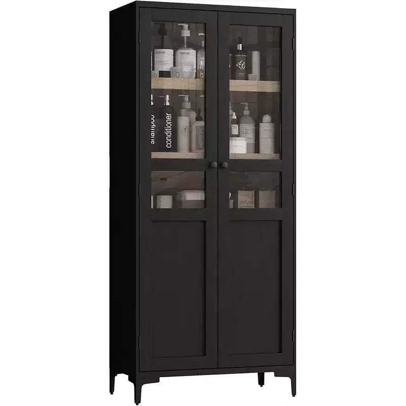 Tall Storage Cabinet with Glass Doors, Kitchen Pantry 5 Tier Cabinet with Adjustable Shelves
