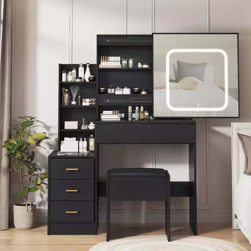 Vanity Desk with Lights, Makeup Vanity Desk with Sliding Lighted Mirror, Dressing Table with Drawers