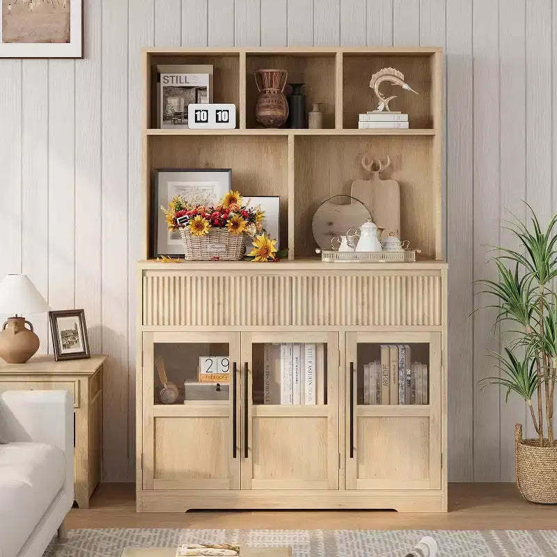 60 Kitchen Pantry Cabinet with Glass Doors, Food Storage Cabinet, Kitchen Organizer, Wave Design, for Living Room, Dining Room