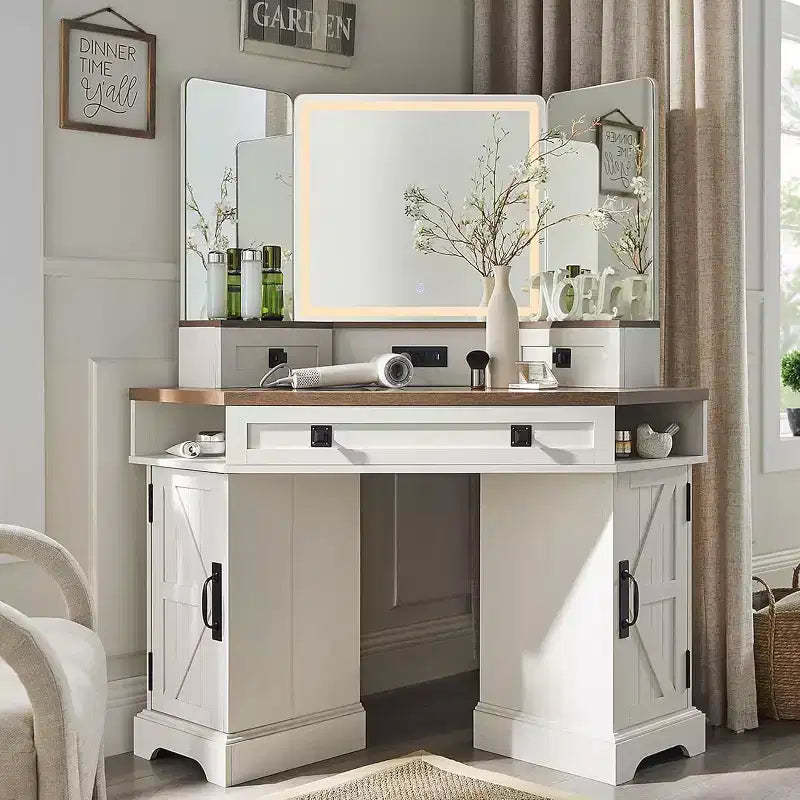 SinCiDo 48 Farmhouse Corner Vanity Desk, w/ 3 Way Mirror & Lights, Charging Station, Glass Tabletop, 3 Drawers and 2 Lockers, Bedroom Dressing Table