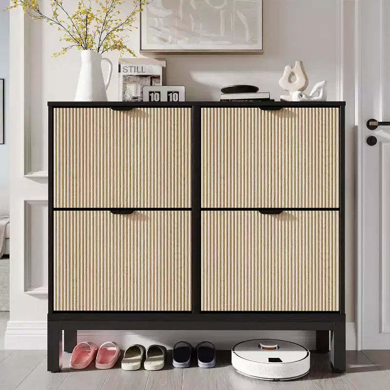 Shoe Storage Cabinet with 4 Flip Drawers, Slim Fluted Shoe Organizer, Narrow Hidden Shoe Rack