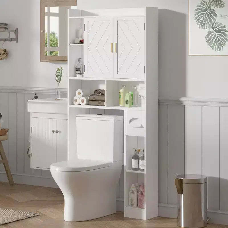 VECELO Over The Toilet Storage Cabinet, Storage Cabinet with Door & Toilet Paper Holder Stand, Space-Saving Toilet Rack, White