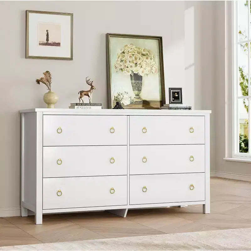 6 Dresser for Bedroom, 47.2 Wide Dresser, Wooden Closet Dressers Chest, Modern Wide Drawer Dresser, for Bedroom, Living Room, White