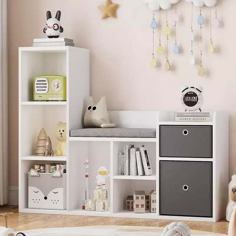 44.1 Kids Bookshelf with Reading Nook - 6-Cubby Toy Organizer & 2-Drawer Bench for Playroom & Nursery - White