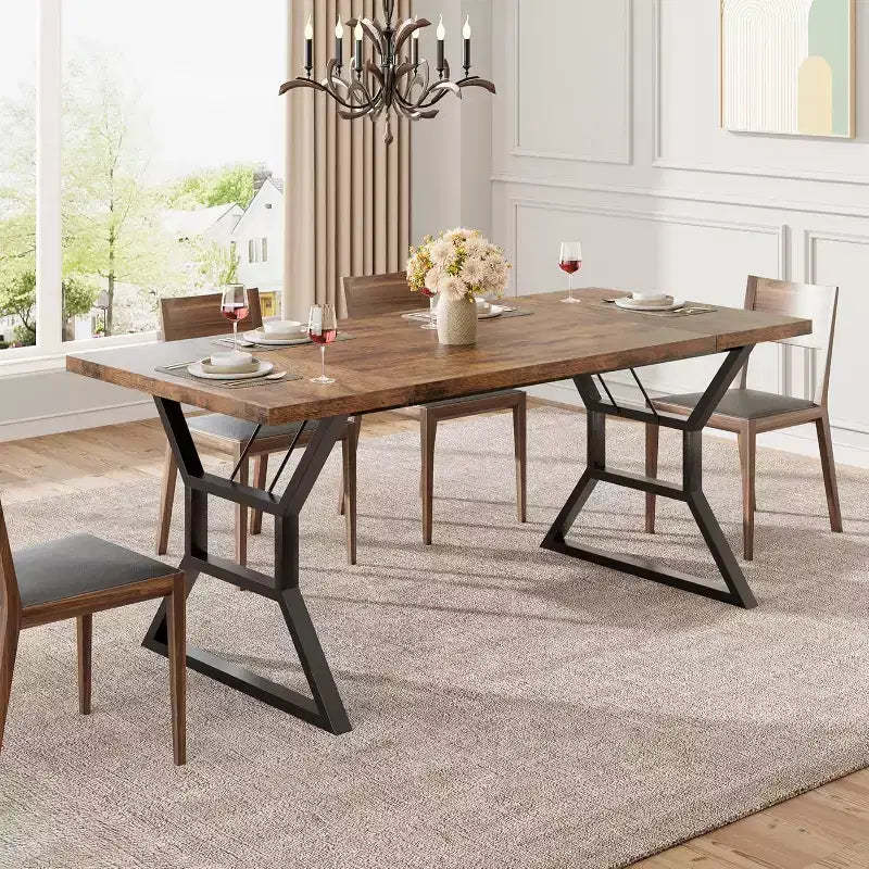 Rectangular Dining Table for 6 People, Kitchen Tables with Extra Heavy Duty Metal Legs, Retro Brown
