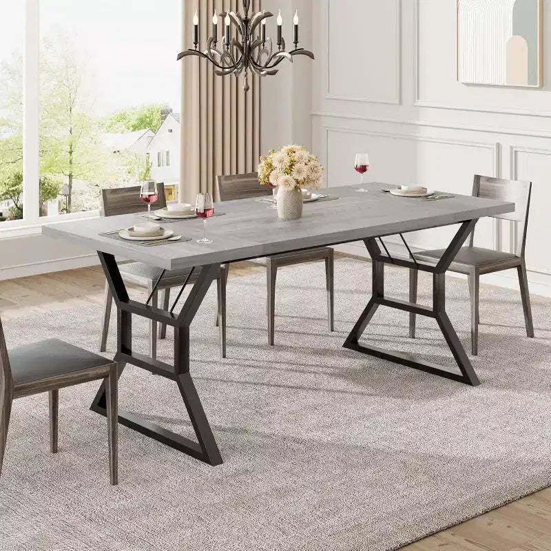 Rectangular Dining Table for 6 People, Kitchen Tables with Extra Heavy Duty Metal Legs, Gray