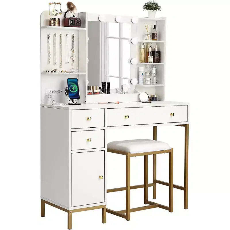 Makeup Vanity Desk with Chair Adjustable Lighted Mirror, Make Up Dresser Table with Drawers