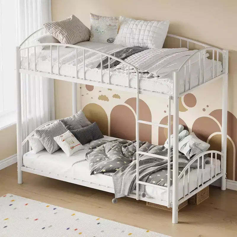 Metal Bunk Bed Twin Over Twin, with Arched Guardrail and Safety Ladder, Safety Ladder, Space-Saving Design, No Box Spring Needed
