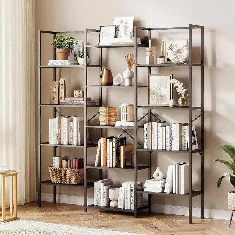 5-Tier Triple-Column Bookcase, 14 Adjustable Shelves, 100LB/Shelf, Steel Frame & Particle Board (Black/Brown)