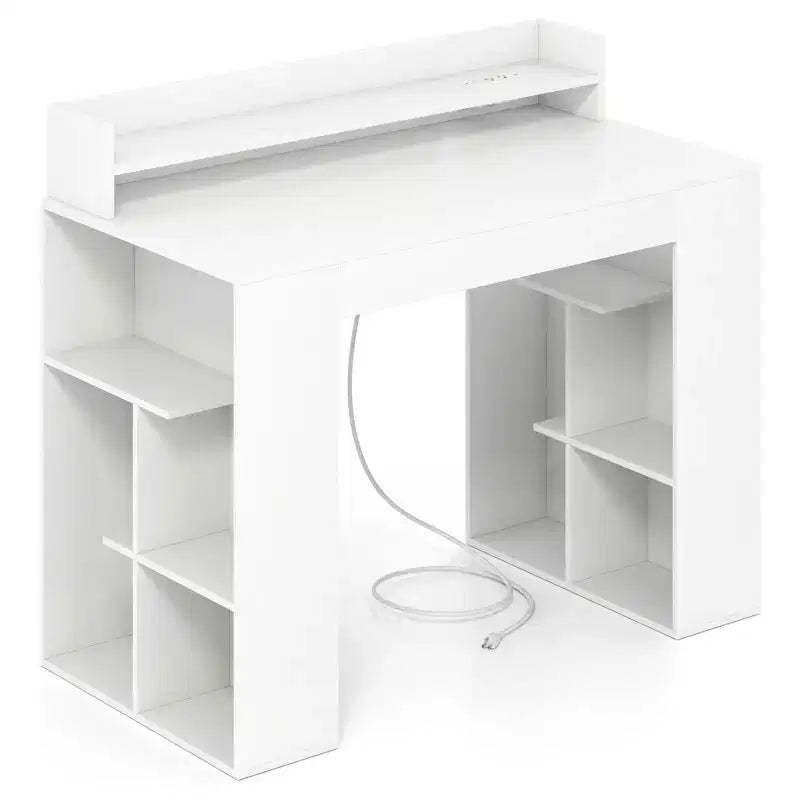 Costway 43 Home Office Desk with Power Outlets Monitor Shelf Bookshelf & Cable Hole