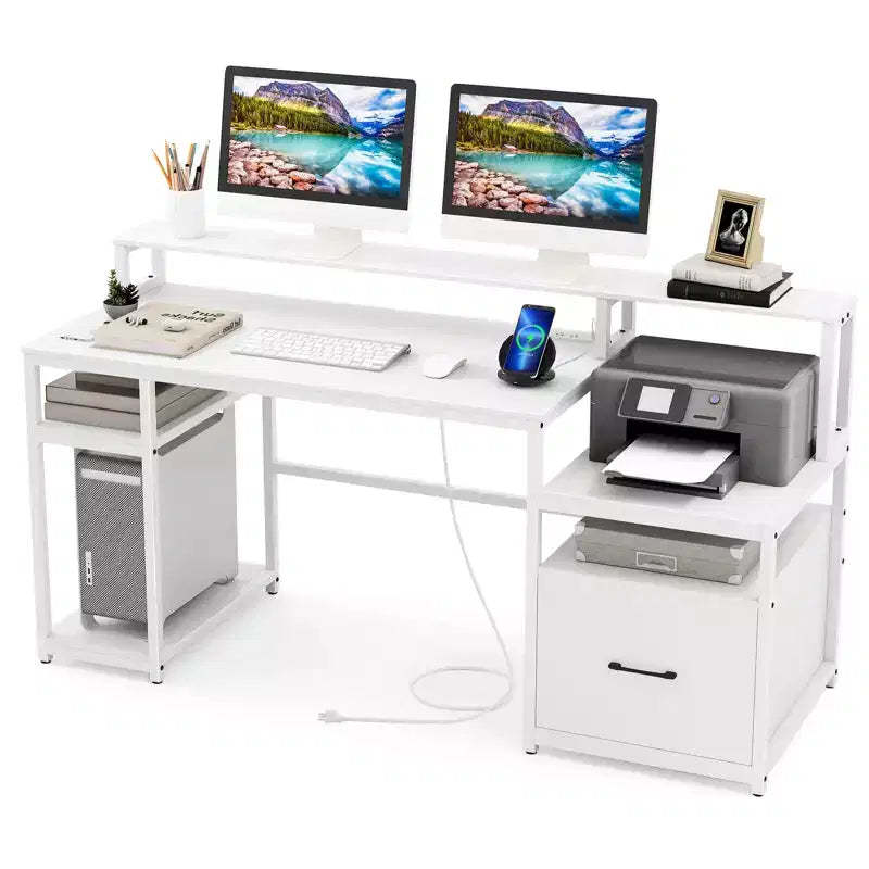 Costway 66 Computer Workstation with Monitor Stand CPU Stand Printer Shelf & File Drawer