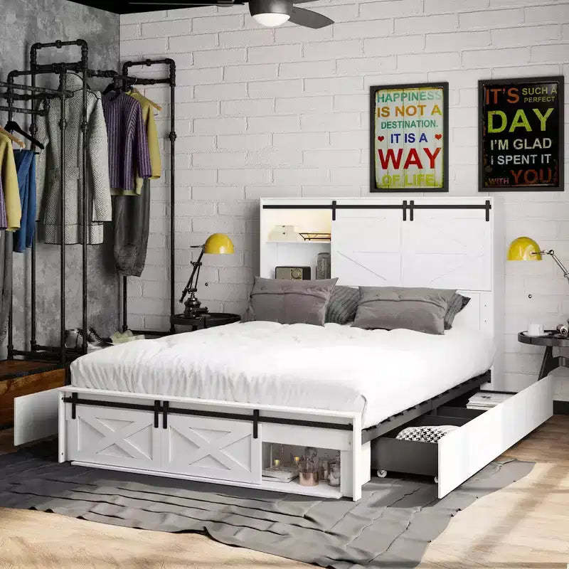 Famapy Modern Queen Bed Frame with Storage Drawers LED Headboard & Power Outlets White Wood Platform Bed for Bedroom