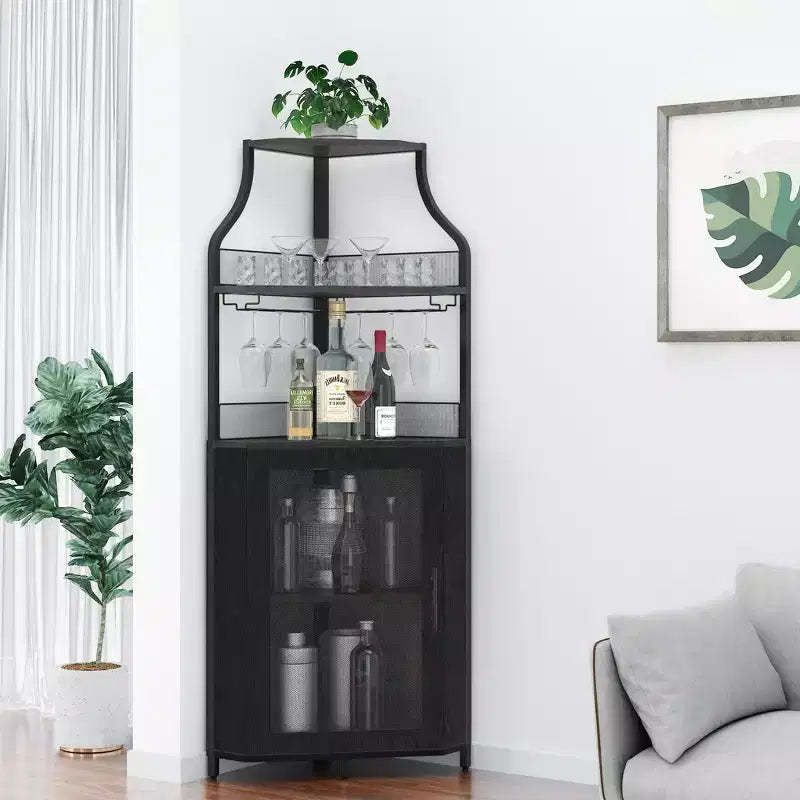 Corner wine rack, 5-layer shelf with removable wine rack, bar cabinet with glass rack, small dining cabinet and buffet cabinet with mesh door