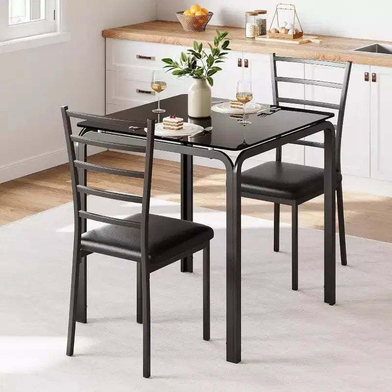 Compact three-piece double dining table and chair set, space-saving dining table with upholstered chairs for small spaces, breakfast nooks