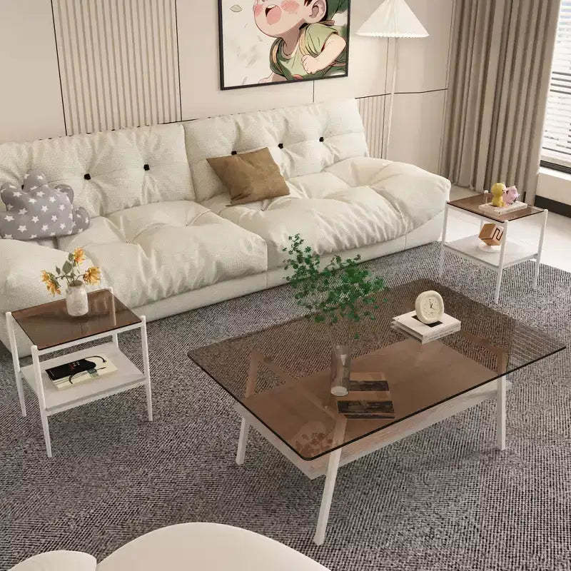 Coffee Table and End tables Set of 3, Tempered Glass Table with MDF layer, Modern Tables for Living Room , Brown Glass