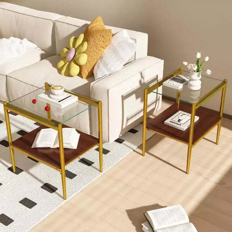 Set of 2 Rectangle End Table, Tempered Glass Tabletop with MDF layer,Transparent Glass