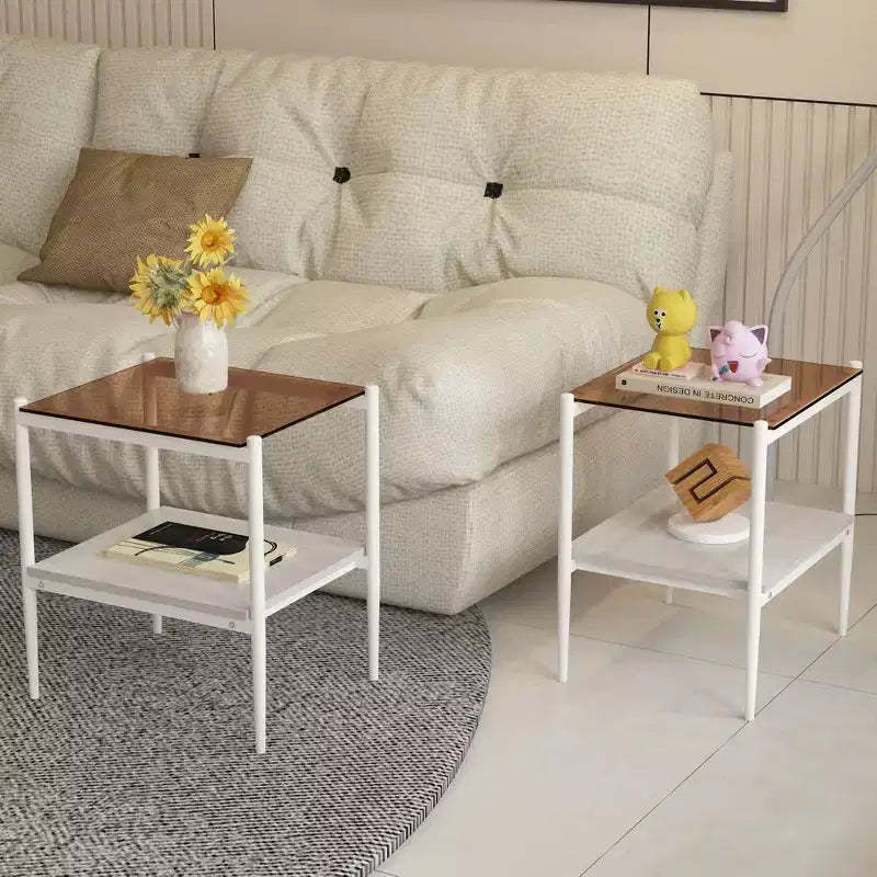 Set of 2 Rectangle End Table, Tempered Glass Tabletop with MDF layer,Brown Glass