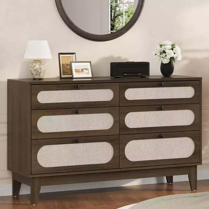 6 Rattan Drawer Dresser, with USB Ports and Outlets, 6 Chests of Drawers Storage