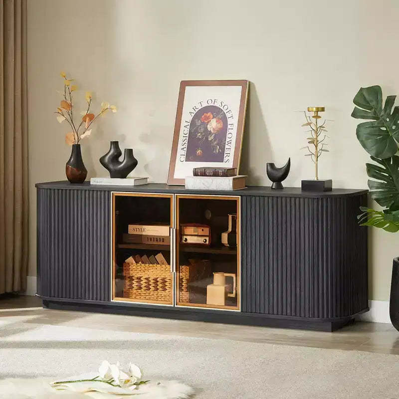 64W Wavy TV Stand with LED Lights, Round Sideboard with Vertical Stripes, Aluminum Door Frame Tempered Glass Storage Cabinet, Black - ModernLuxe