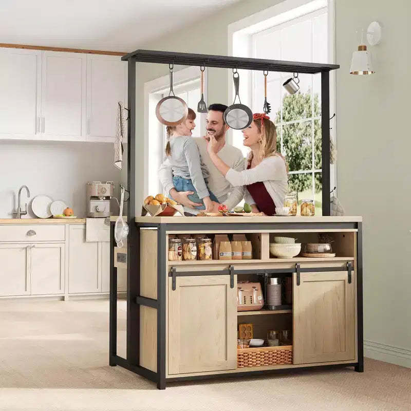 Kitchen Island , Bakers Rack with Sliding Barn Door 42'' Large Kitchen Island Table with 3-Tier Microwave Stand Oven Shelves Coffee Bar Table Set