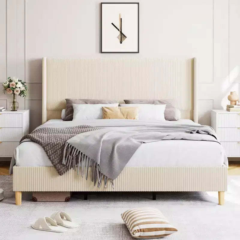 Full Size Corduroy Upholstered Bed Frame, Platform Bed with 51 Tall Vertical Stripe Wingback Headboard, No Box Spring Needed/Wooden Slats/Beige