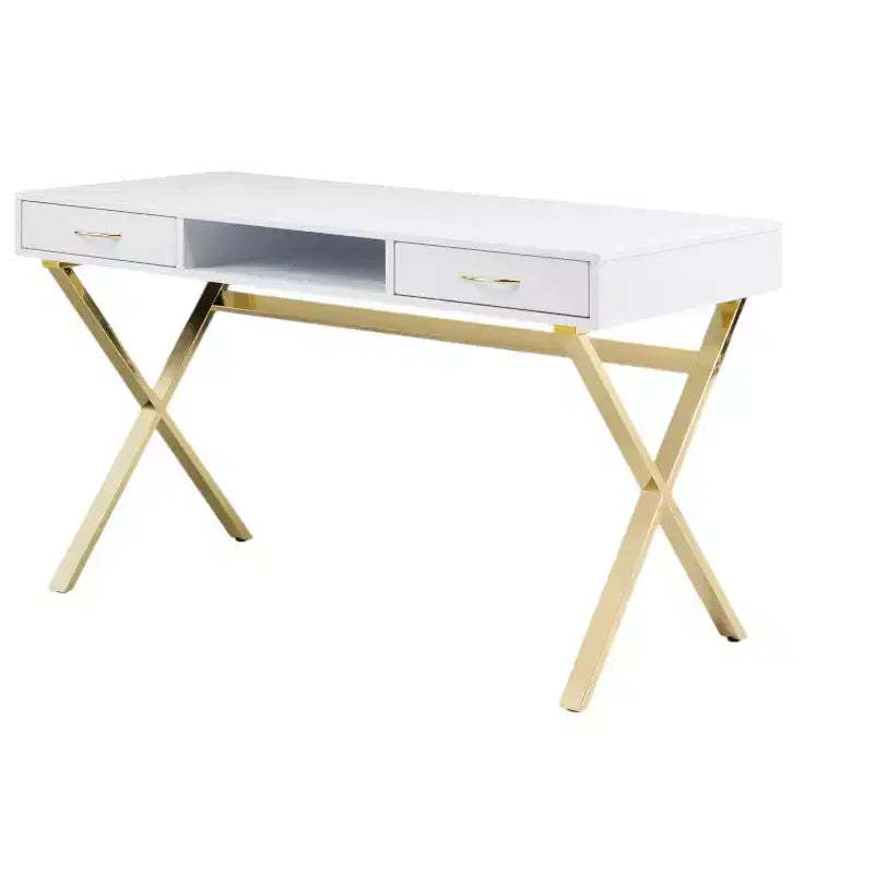 HomeRoots 47 White and Gold Wood and Metal Computer Desk With Two Drawers