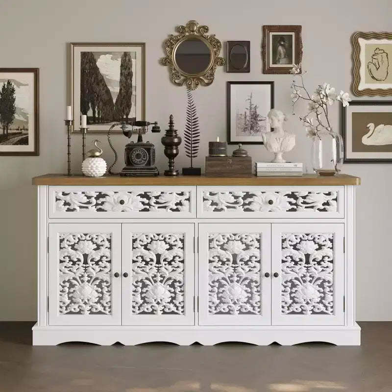 Famapy White Decorative Cabinet Sideboard Accent Cabinet with Hollow Relief - Patterned Doors Bookshelf