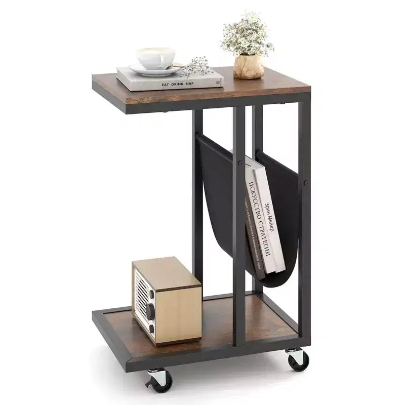 Costway 1/2 PCS C-shaped Side Table 2-tier Sofa Couch Table with Canvas Storage Pouch Brown