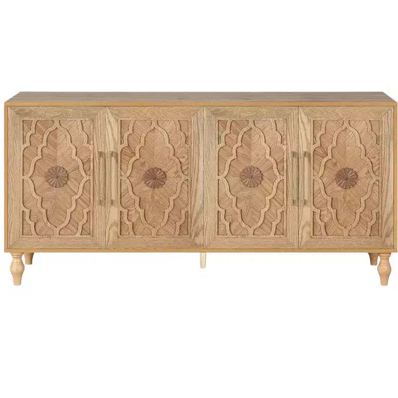 HomeRoots 68 Natural Distressed Carved Geometric Sideboard with Four Doors