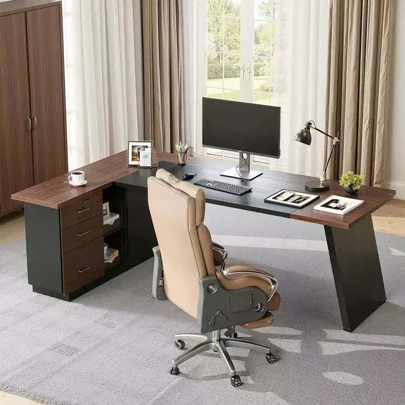 MAYEERTY L-Shaped Desk with Mobile Filing Cabinet, Heavy-Duty Metal Frame & 1.2-Inch Compressed Board