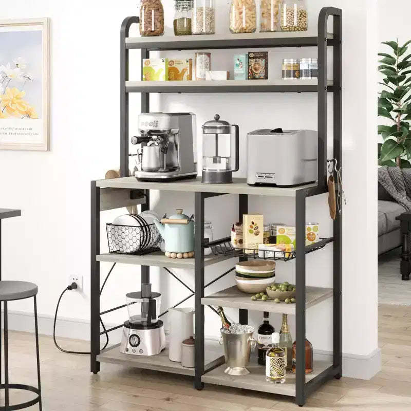 COZONY 5-Tier Bakers Rack w/ Wire Basket, Microwave Stand w/ Power Outlets & Open Kitchen Shelving
