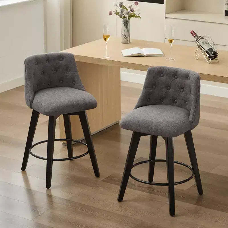 Set of 2 Swivel Bar Stool, Linen Upholstered Counter Stool with Button Tufted Back, Dining Chair Pub Stool, White/Dark Gray-Modernluxe